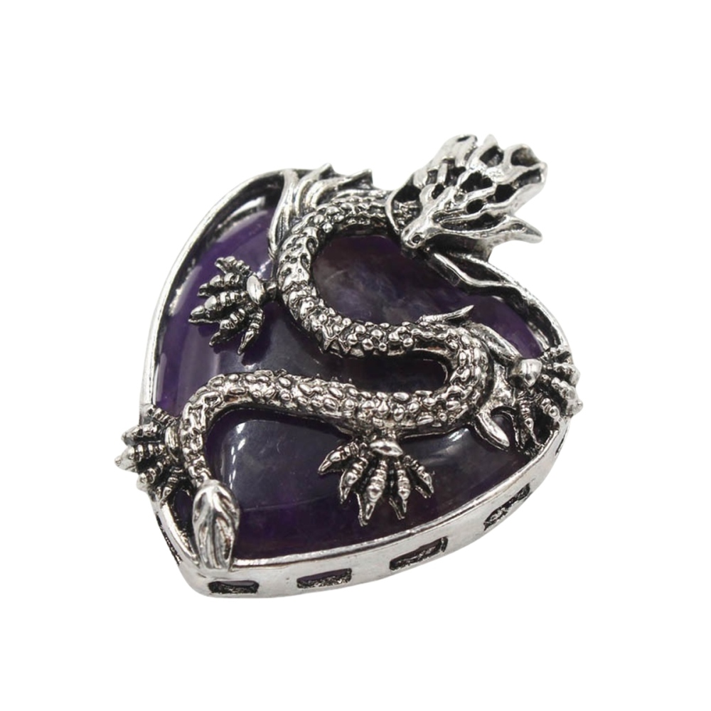 Antique Silver Dragon 30MM Heart Gemstone Pendant (32x42mm) Necklace with 45CM Black Cord