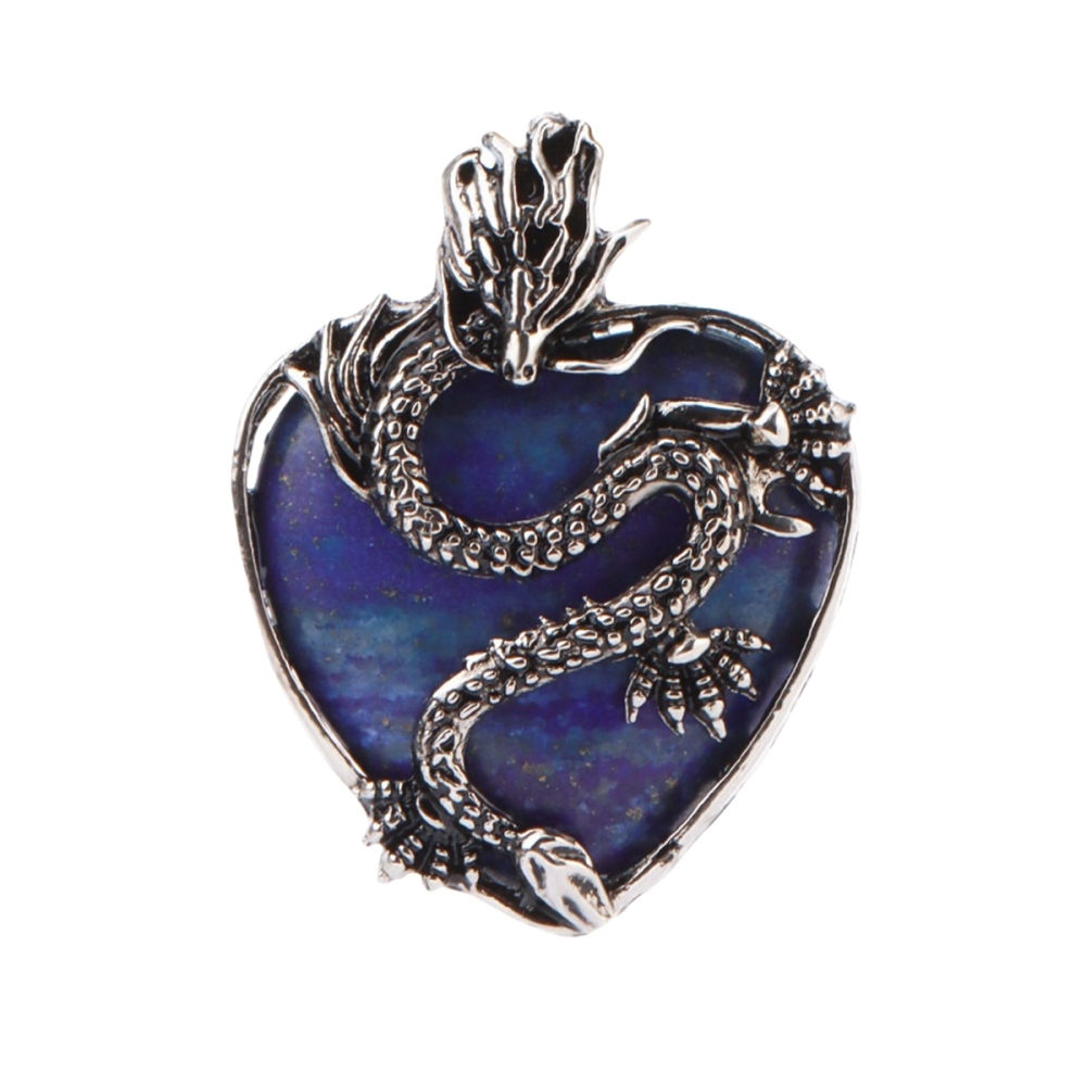 Antique Silver Dragon 30MM Heart Gemstone Pendant (32x42mm) Necklace with 45CM Black Cord