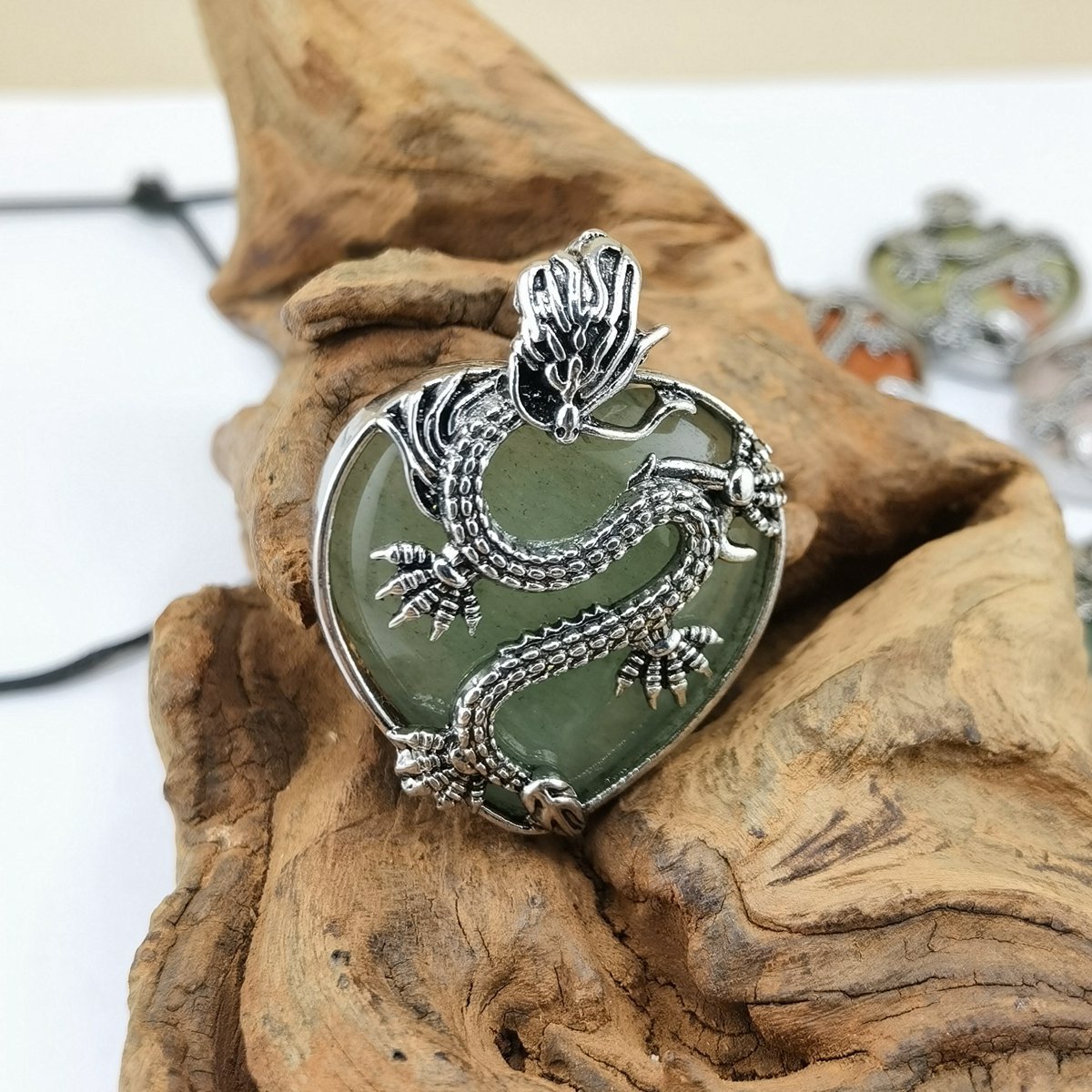 Antique Silver Dragon 30MM Heart Gemstone Pendant (32x42mm) Necklace with 45CM Black Cord