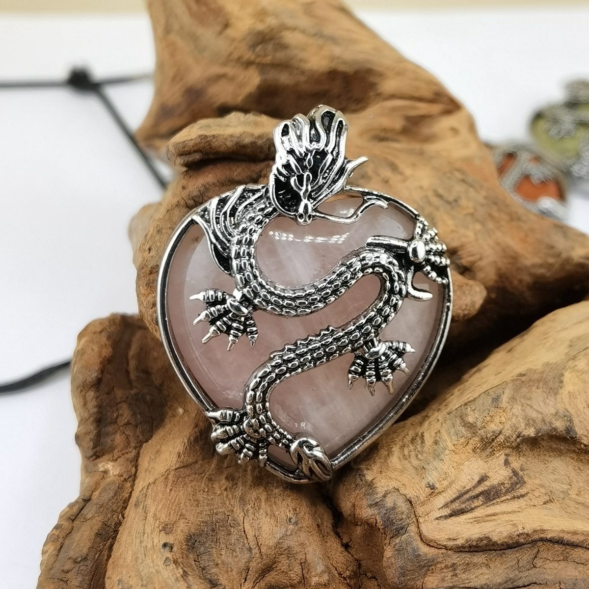Antique Silver Dragon 30MM Heart Gemstone Pendant (32x42mm) Necklace with 45CM Black Cord