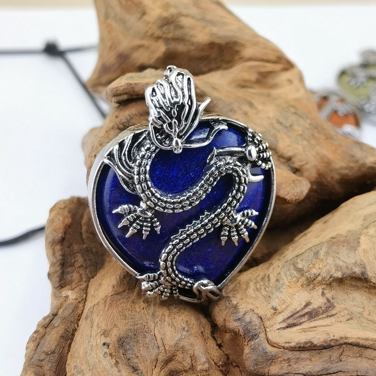 Antique Silver Dragon 30MM Heart Gemstone Pendant (32x42mm) Necklace with 45CM Black Cord
