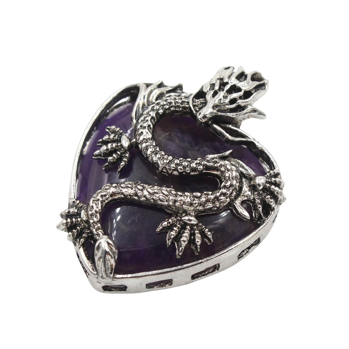 Antique Silver Dragon 30MM Heart Gemstone Pendant (32x42mm) Necklace with 45CM Black Cord