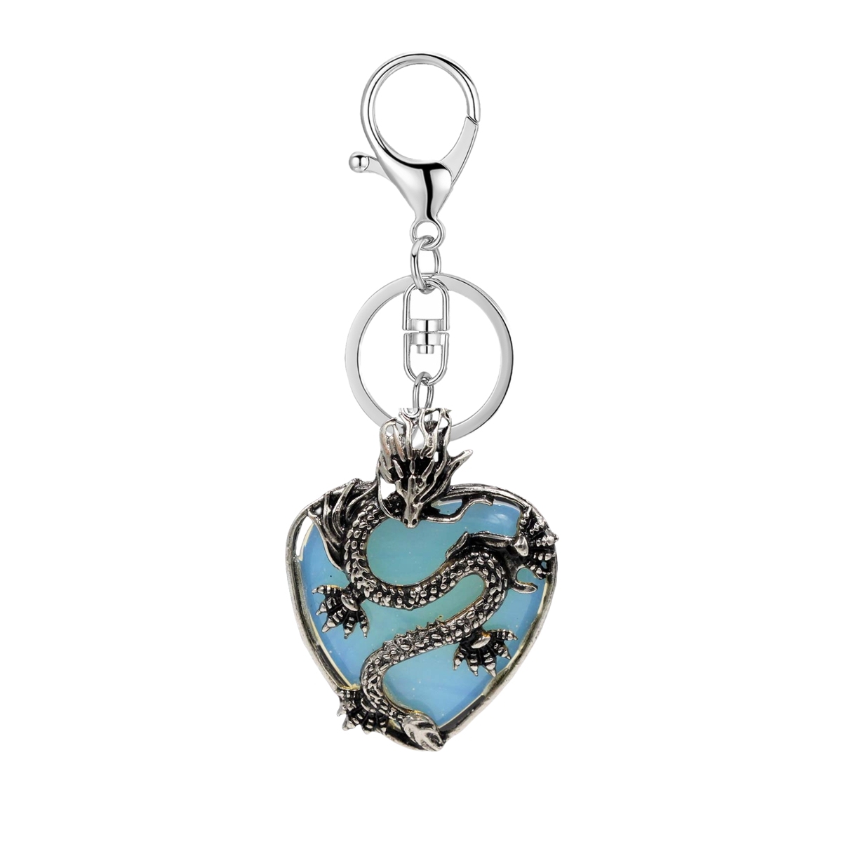 Antique Silver Dragon 30MM Heart Gemstone Pendant (32x42mm) Necklace with 45CM Black Cord