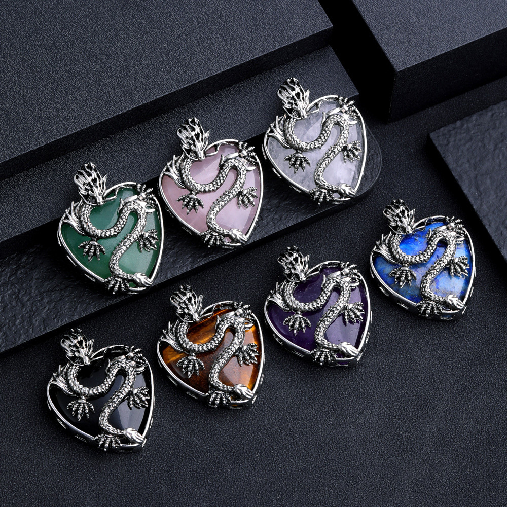 Antique Silver Dragon 30MM Heart Gemstone Pendant (32x42mm) for DIY Making Jewelry