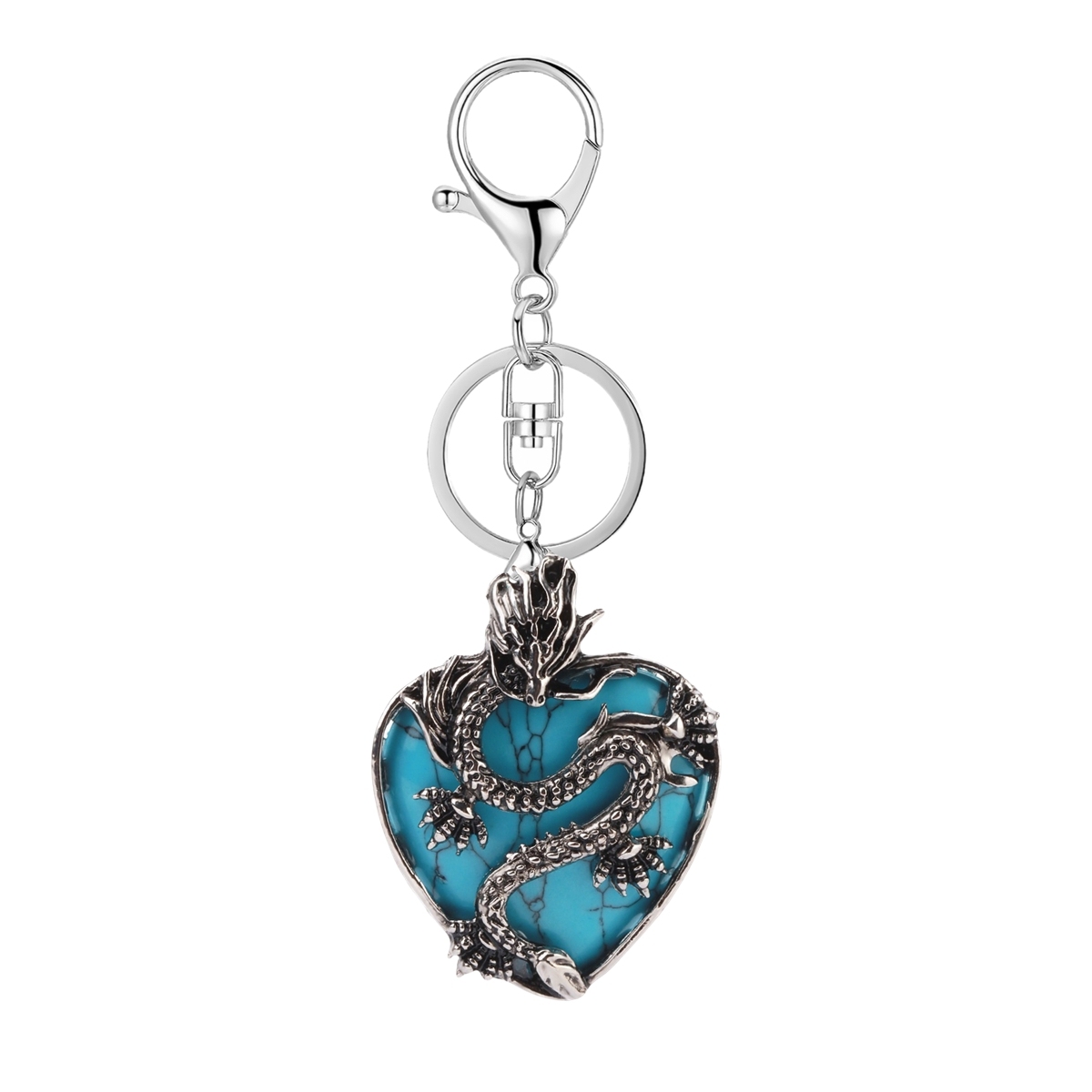 Antique Silver Dragon 30MM Heart Gemstone Pendant (32x42mm) Necklace with 45CM Black Cord
