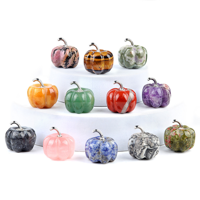 20mm/30mm Gemstone Pumpkin Oranment for Home Office Decor Handmade Craved Vegetables fruits Stone Gifts
