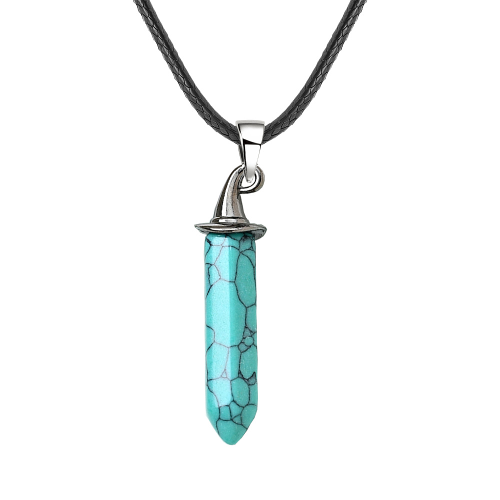 Gemstone Hexagonal Prism GunBlack Wizard Cap Pendant Necklace with 45CM Black Cord