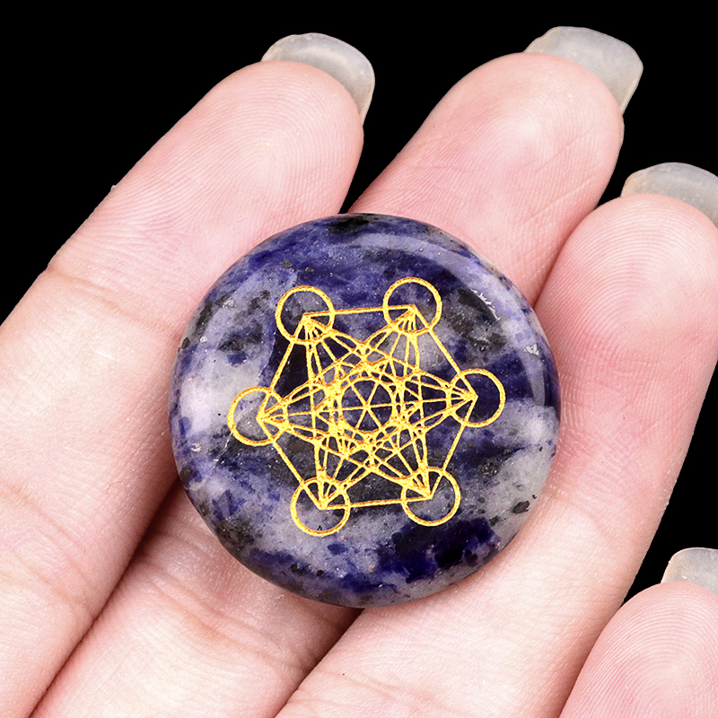 Gemstone 25MM Circular Disc Mat Handmade Craved Pattern-Metatron's Cube For Home Decor