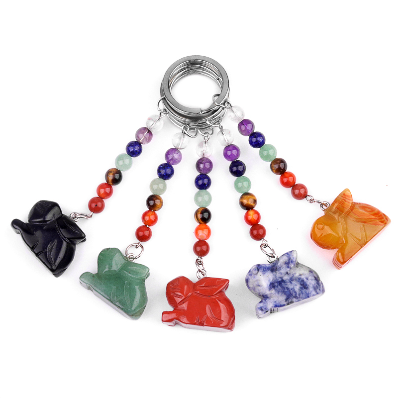 Handmade Craved 1.0Inch Rabbit Gemstone Pendant 7 Chakra Stone Key Chain