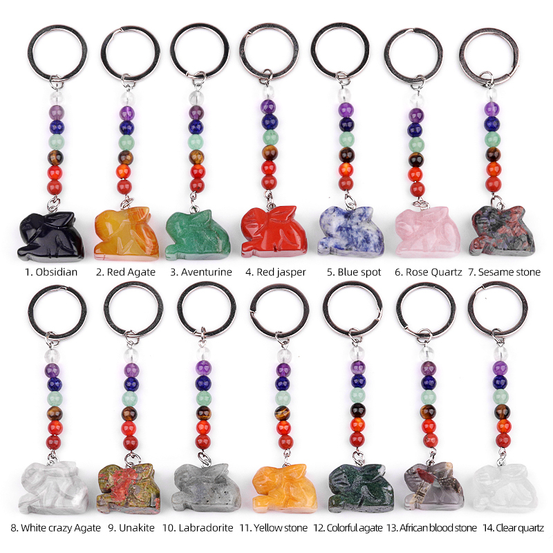Handmade Craved 1.0Inch Rabbit Gemstone Pendant 7 Chakra Stone Key Chain