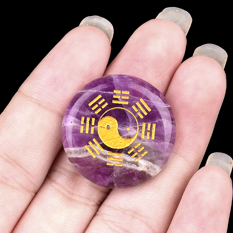 Gemstone 25MM Circular Disc Mat Handmade Craved Pattern-Taiji Bagua For Home Decor
