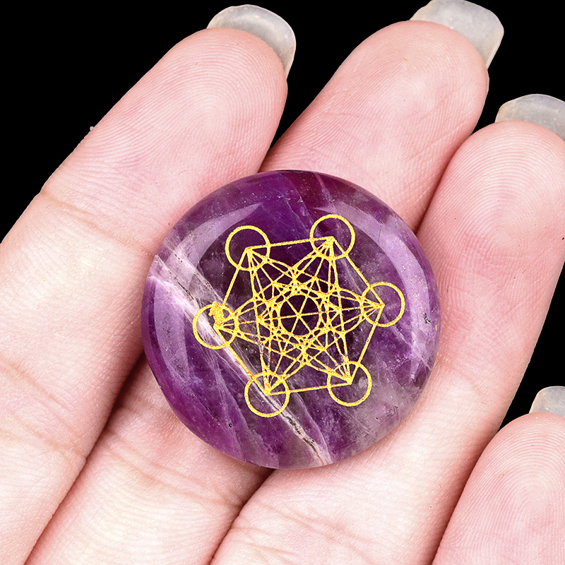 Gemstone 25MM Circular Disc Mat Handmade Craved Pattern-Metatron's Cube For Home Decor