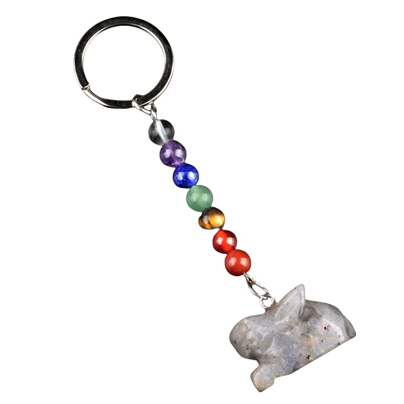 Handmade Craved 1.0Inch Rabbit Gemstone Pendant 7 Chakra Stone Key Chain