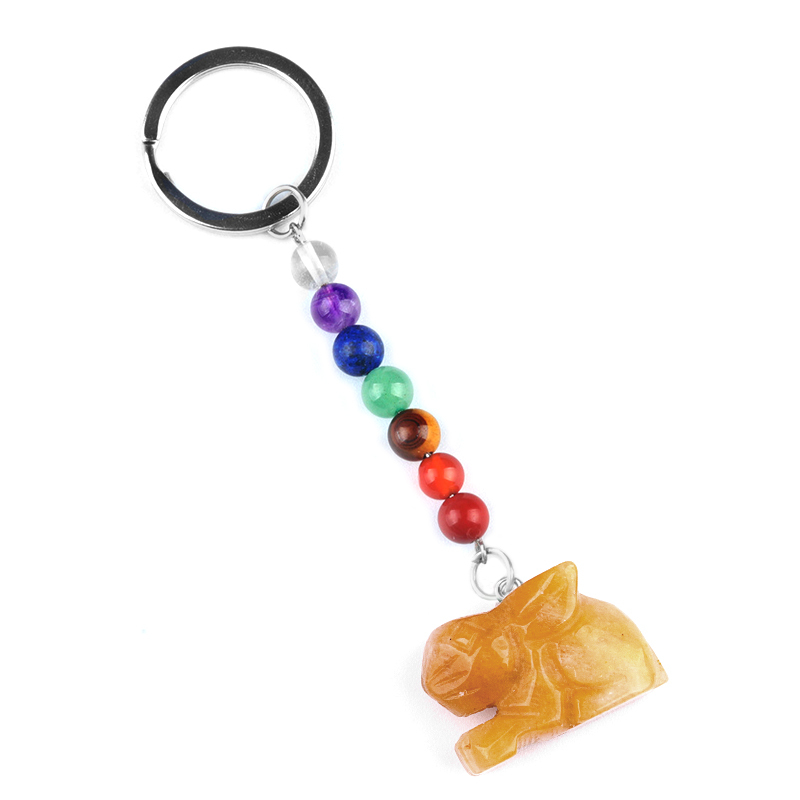 Handmade Craved 1.0Inch Rabbit Gemstone Pendant 7 Chakra Stone Key Chain