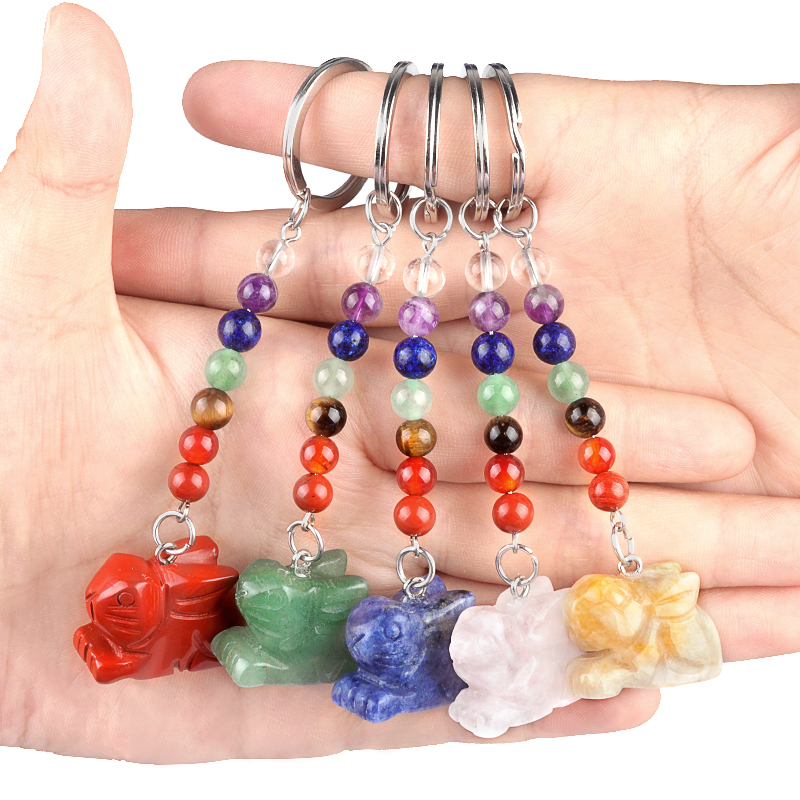 Handmade Craved 1.0Inch Rabbit Gemstone Pendant 7 Chakra Stone Key Chain