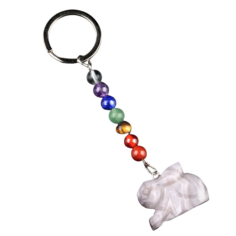 Handmade Craved 1.0Inch Rabbit Gemstone Pendant 7 Chakra Stone Key Chain