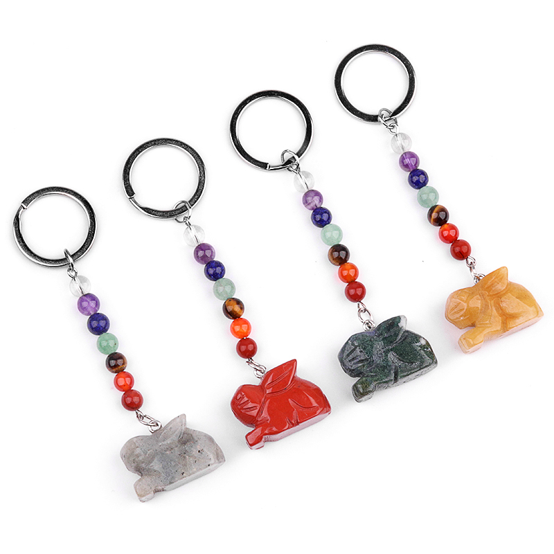 Handmade Craved 1.0Inch Rabbit Gemstone Pendant 7 Chakra Stone Key Chain