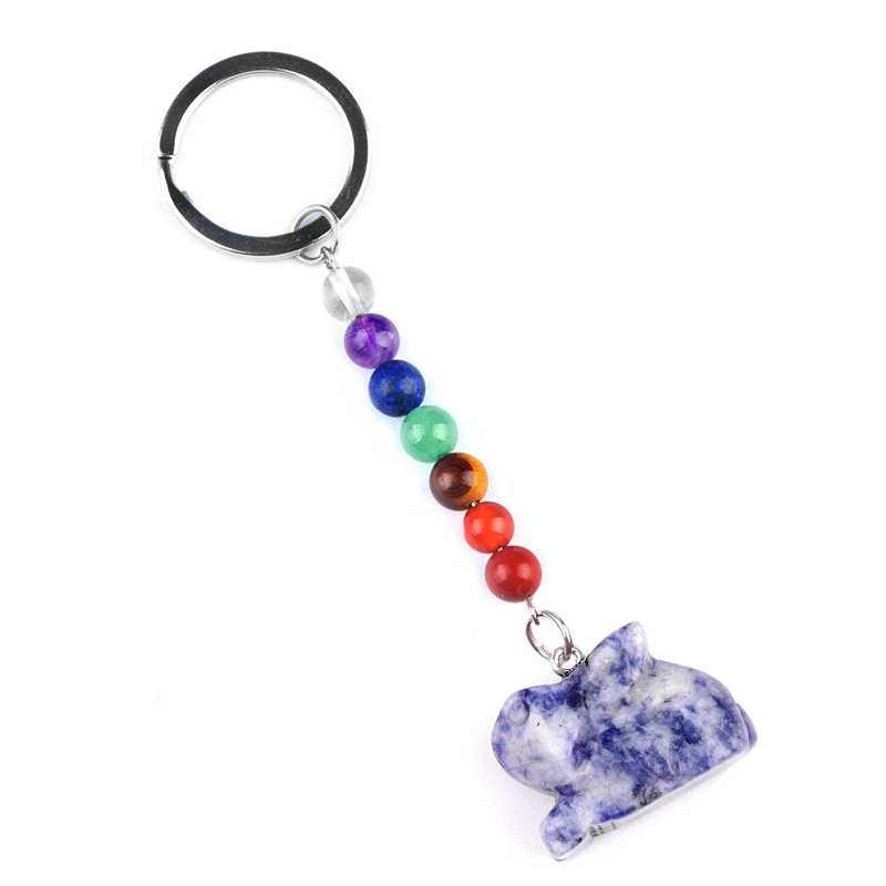 Handmade Craved 1.0Inch Rabbit Gemstone Pendant 7 Chakra Stone Key Chain