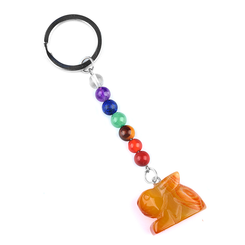 Handmade Craved 1.0Inch Rabbit Gemstone Pendant 7 Chakra Stone Key Chain