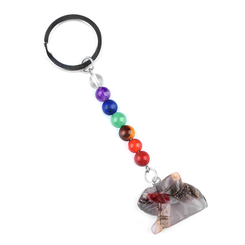 Handmade Craved 1.0Inch Rabbit Gemstone Pendant 7 Chakra Stone Key Chain
