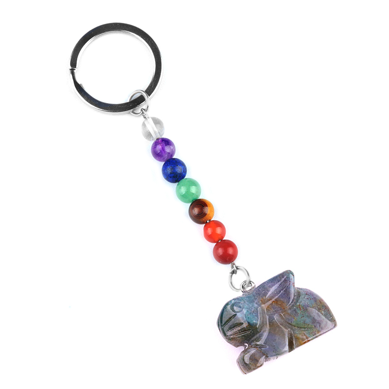 Handmade Craved 1.0Inch Rabbit Gemstone Pendant 7 Chakra Stone Key Chain