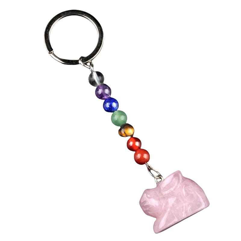 Handmade Craved 1.0Inch Rabbit Gemstone Pendant 7 Chakra Stone Key Chain