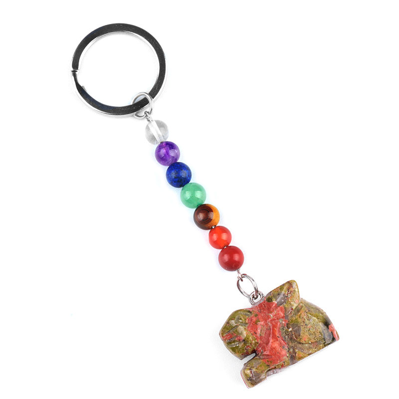 Handmade Craved 1.0Inch Rabbit Gemstone Pendant 7 Chakra Stone Key Chain