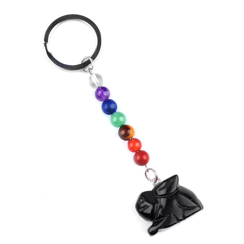 Handmade Craved 1.0Inch Rabbit Gemstone Pendant 7 Chakra Stone Key Chain
