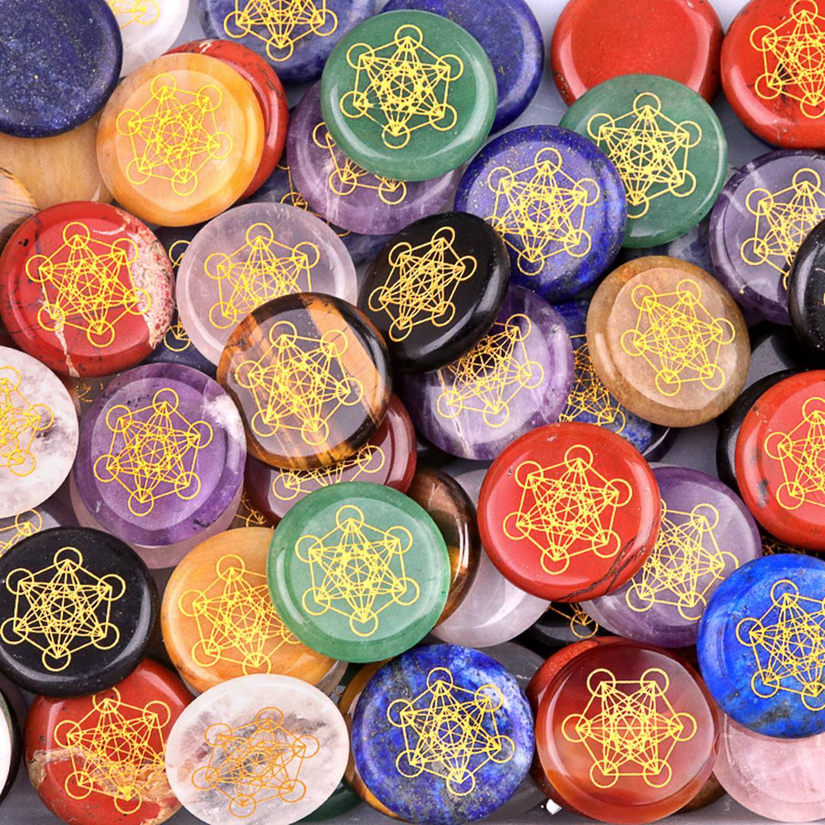 Gemstone 25MM Circular Disc Mat Handmade Craved Pattern-Metatron's Cube For Home Decor