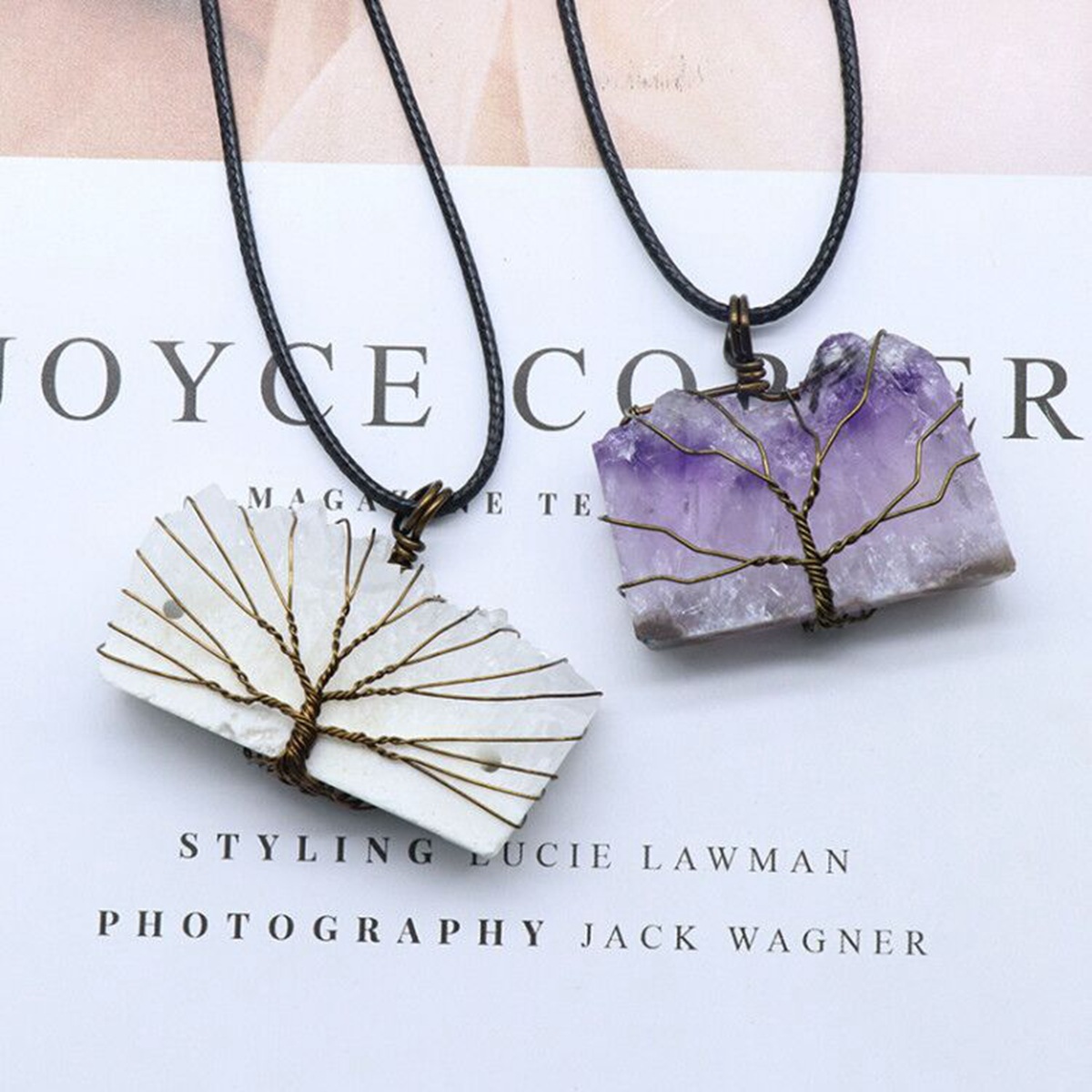 Drazy Crystal Slice Pendant Wrapped Brass Wire Life of Tree Necklace 45CM Black Cord