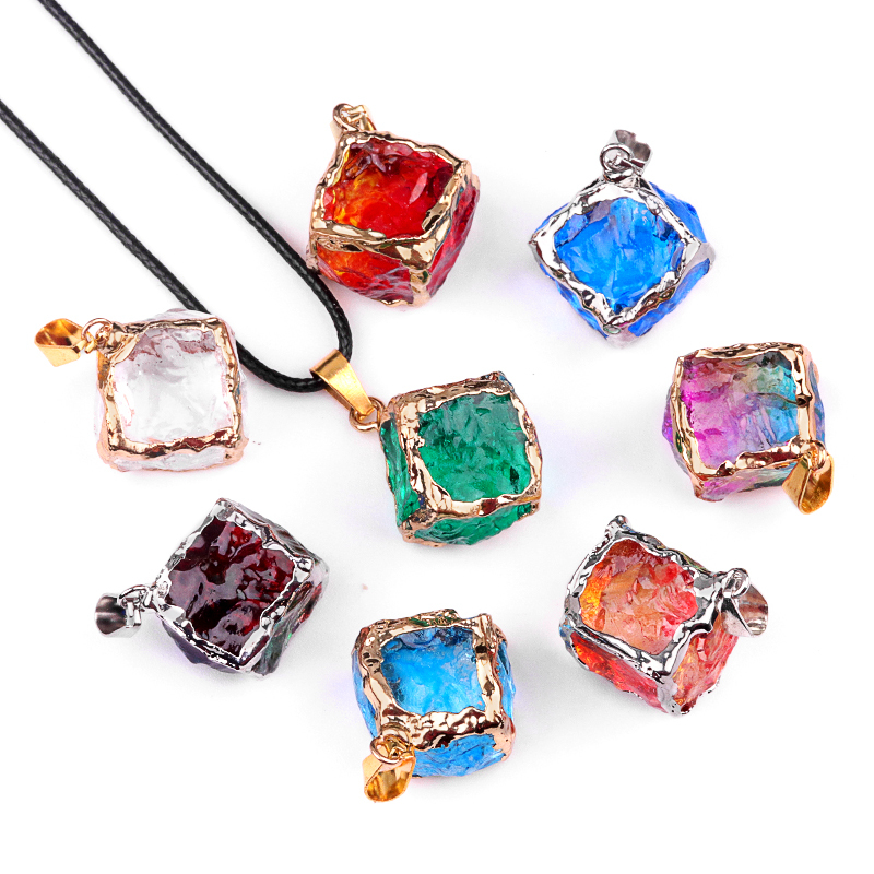 Glass Crystal Cube Pendant Necklace 45CM Black Cord