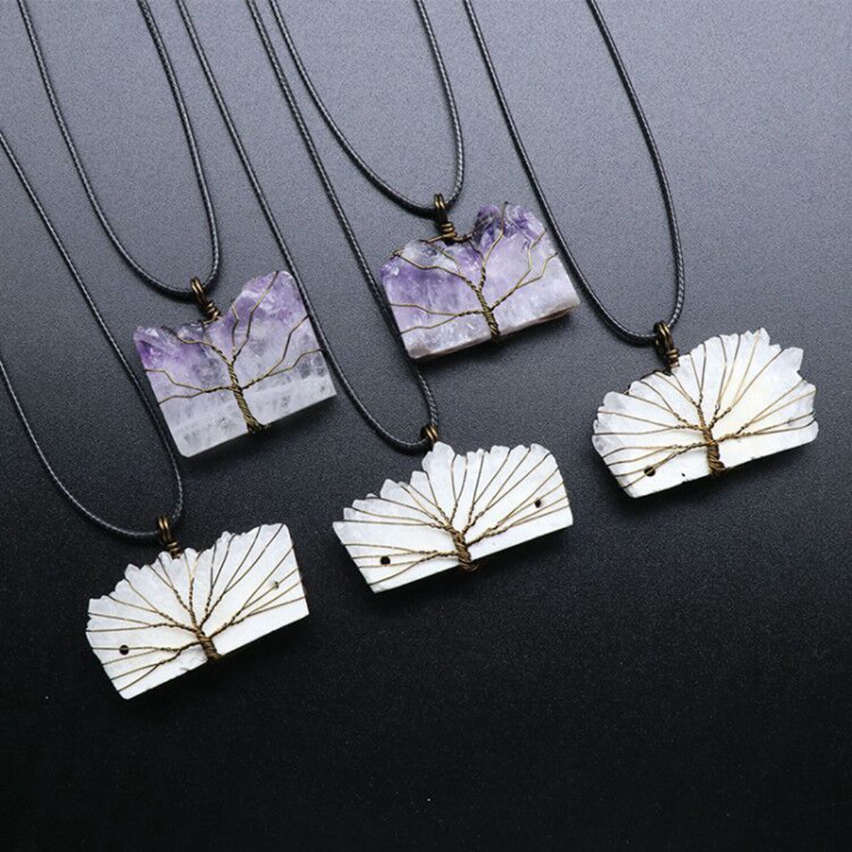 Drazy Crystal Slice Pendant Wrapped Brass Wire Life of Tree Necklace 45CM Black Cord