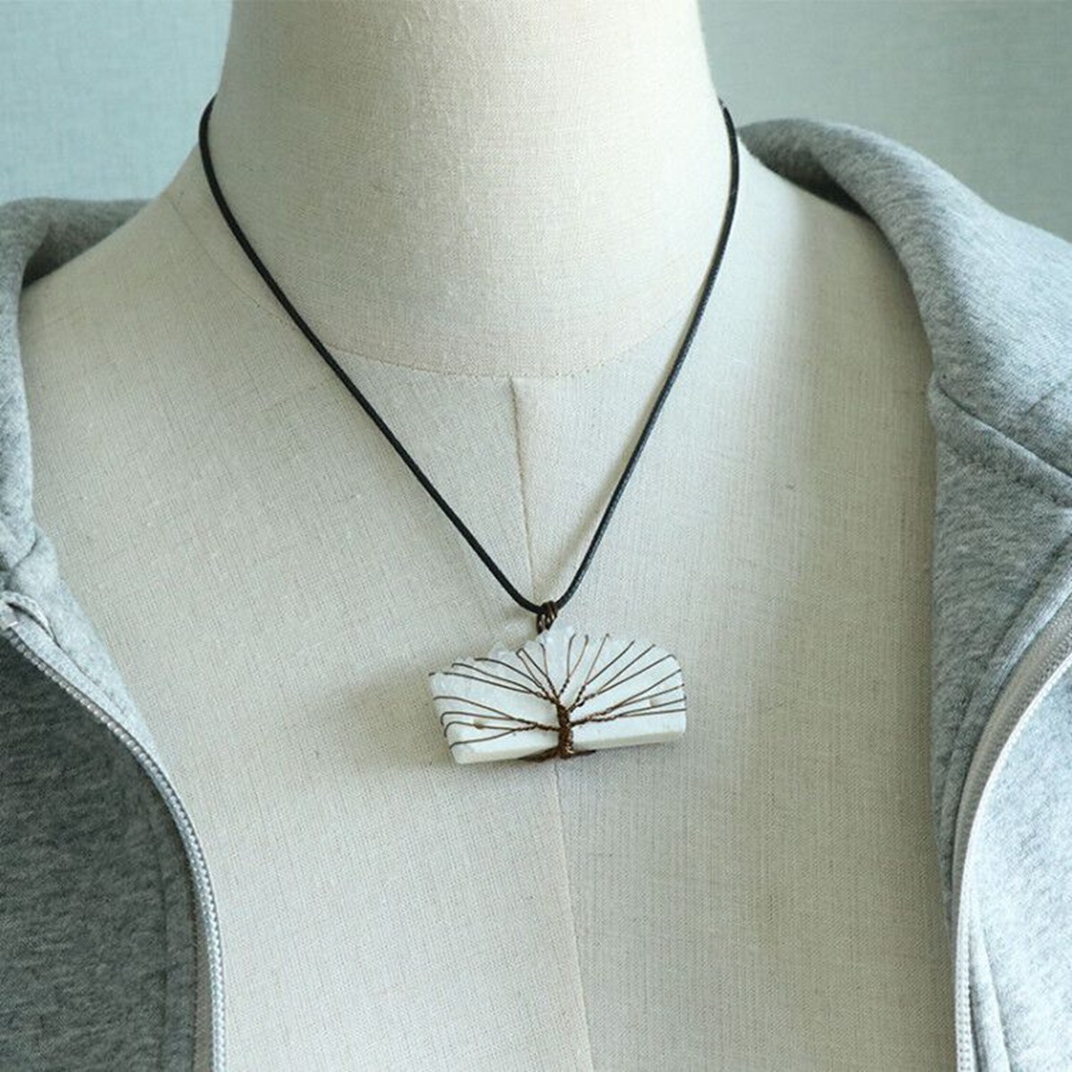 Drazy Crystal Slice Pendant Wrapped Brass Wire Life of Tree Necklace 45CM Black Cord