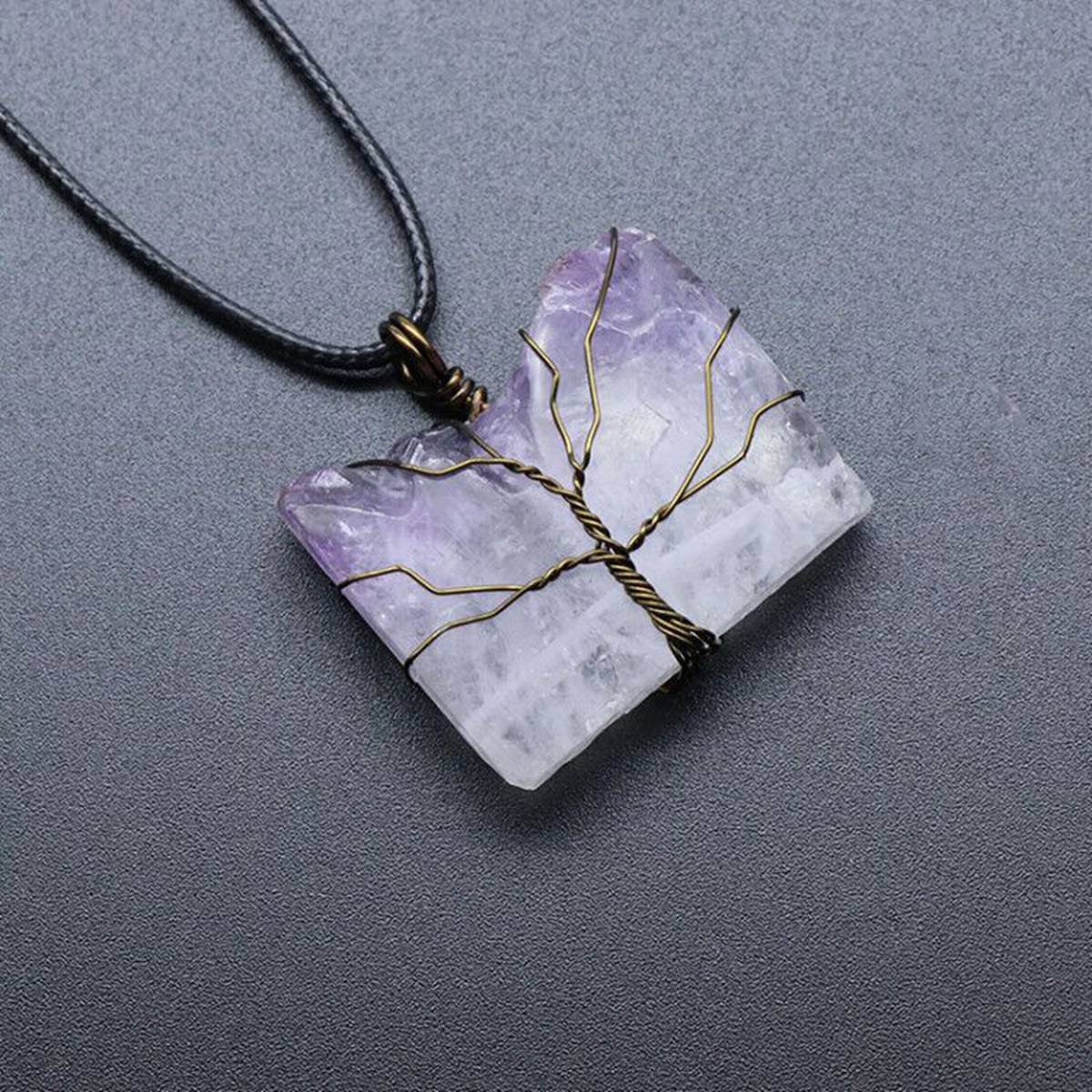 Drazy Crystal Slice Pendant Wrapped Brass Wire Life of Tree Necklace 45CM Black Cord