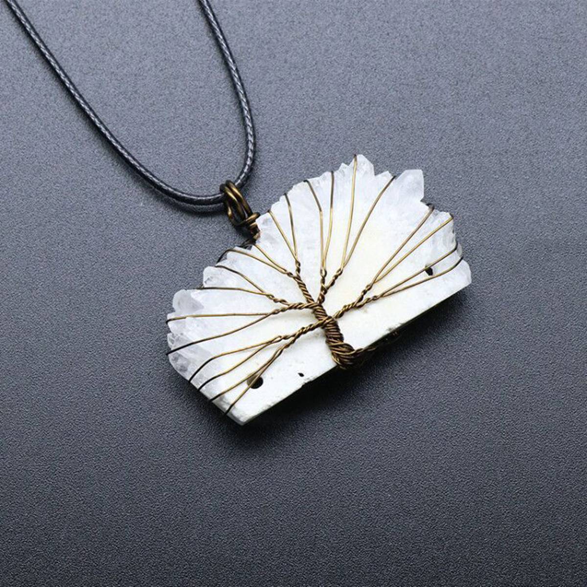 Drazy Crystal Slice Pendant Wrapped Brass Wire Life of Tree Necklace 45CM Black Cord
