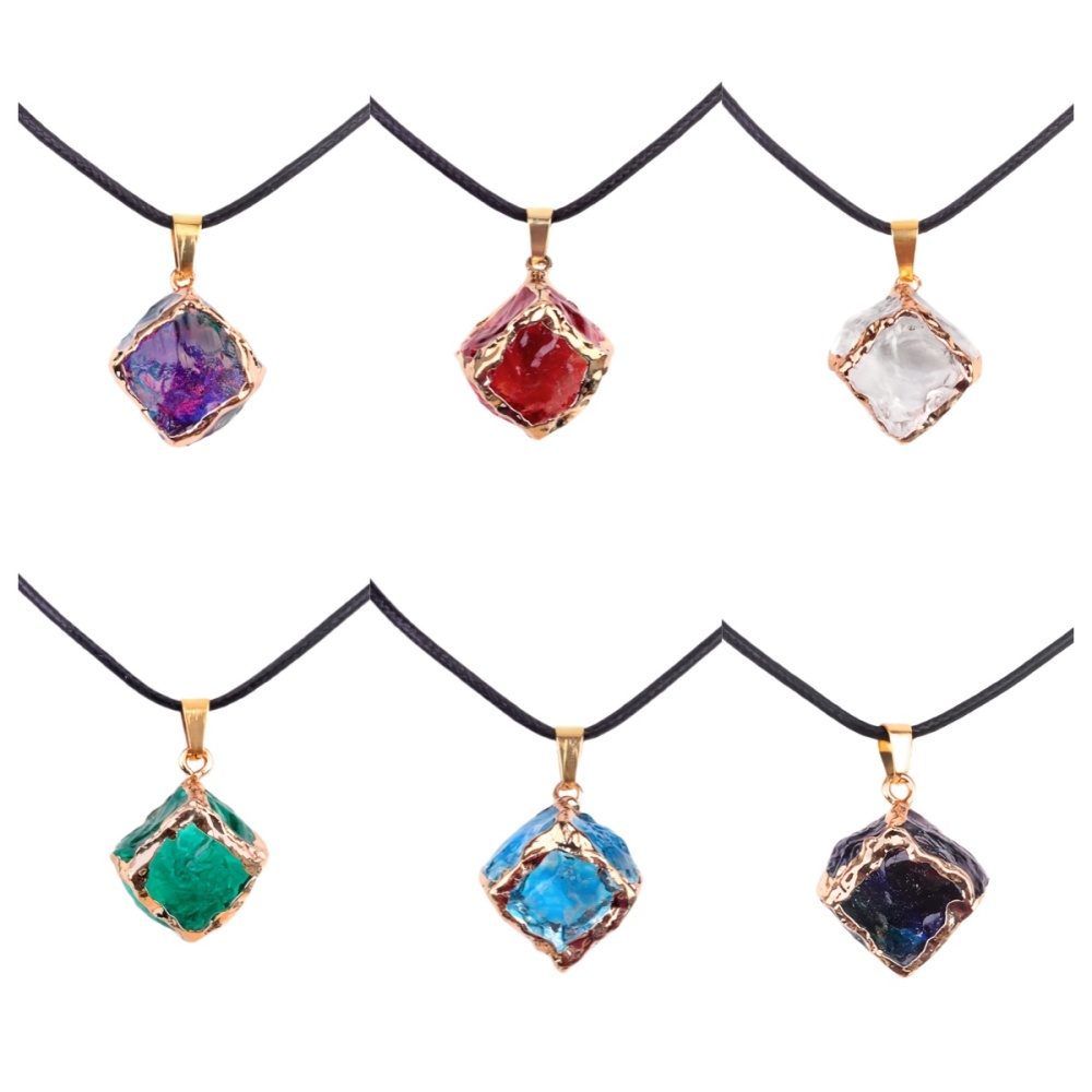 Glass Crystal Cube Pendant Necklace 45CM Black Cord