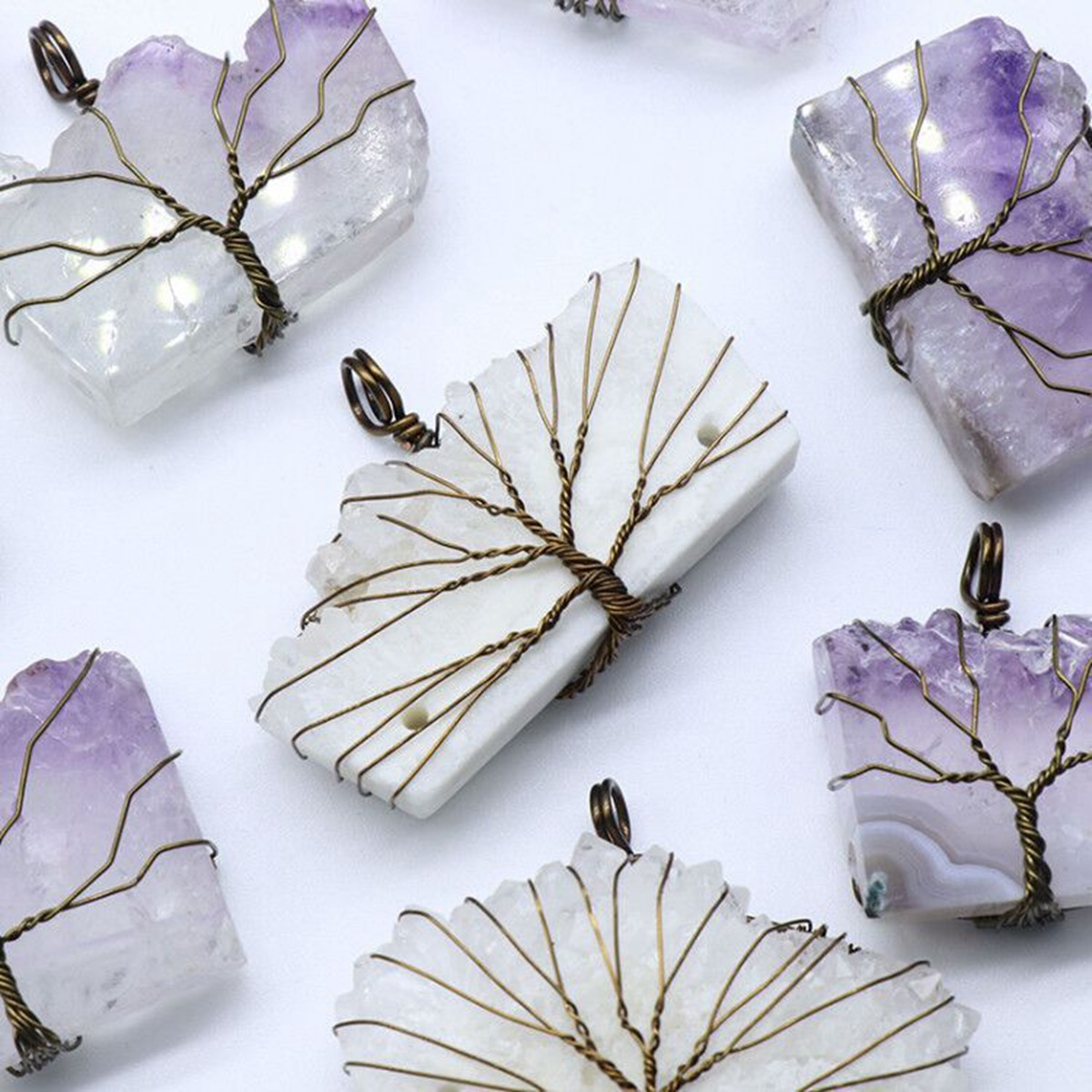 Drazy Crystal Slice Pendant Wrapped Brass Wire Life of Tree Necklace 45CM Black Cord