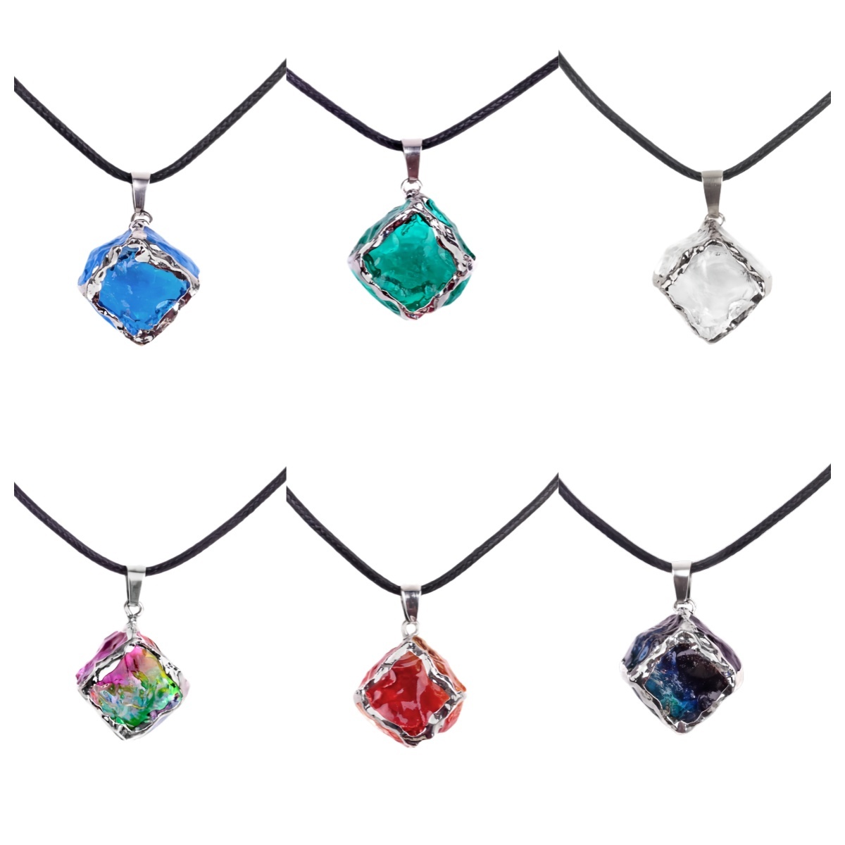 Glass Crystal Cube Pendant Necklace 45CM Black Cord