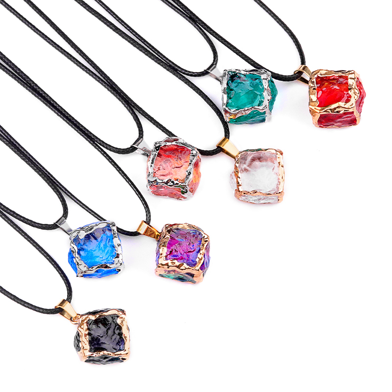 Glass Crystal Cube Pendant Necklace 45CM Black Cord