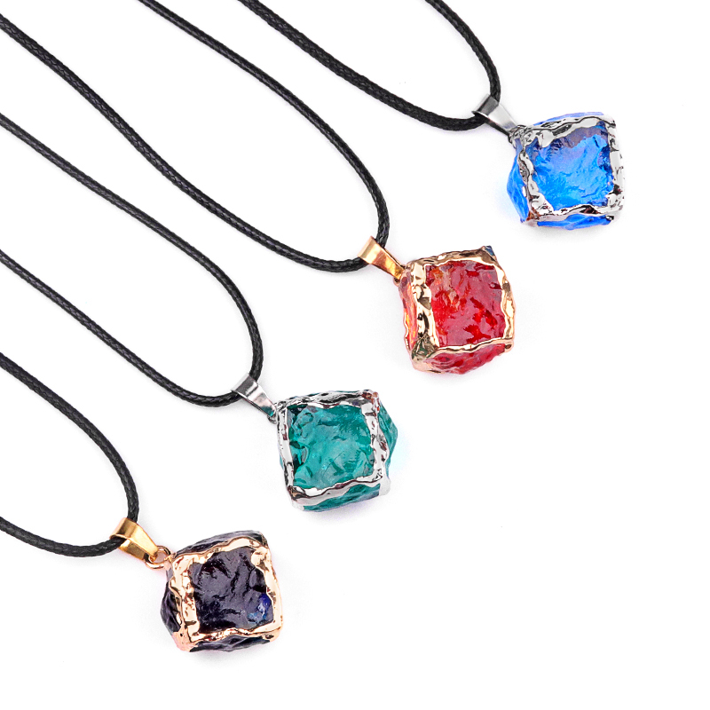 Glass Crystal Cube Pendant Necklace 45CM Black Cord