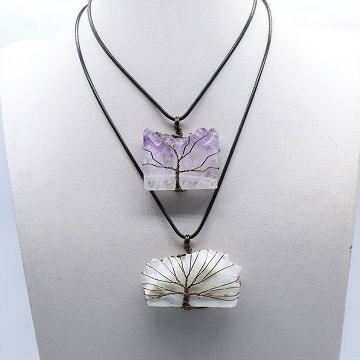 Drazy Crystal Slice Pendant Wrapped Brass Wire Life of Tree Necklace 45CM Black Cord