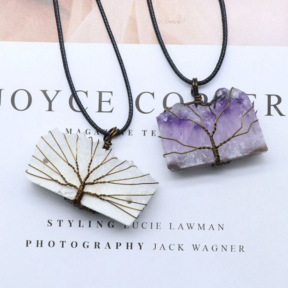 Drazy Crystal Slice Pendant Wrapped Brass Wire Life of Tree Necklace 45CM Black Cord