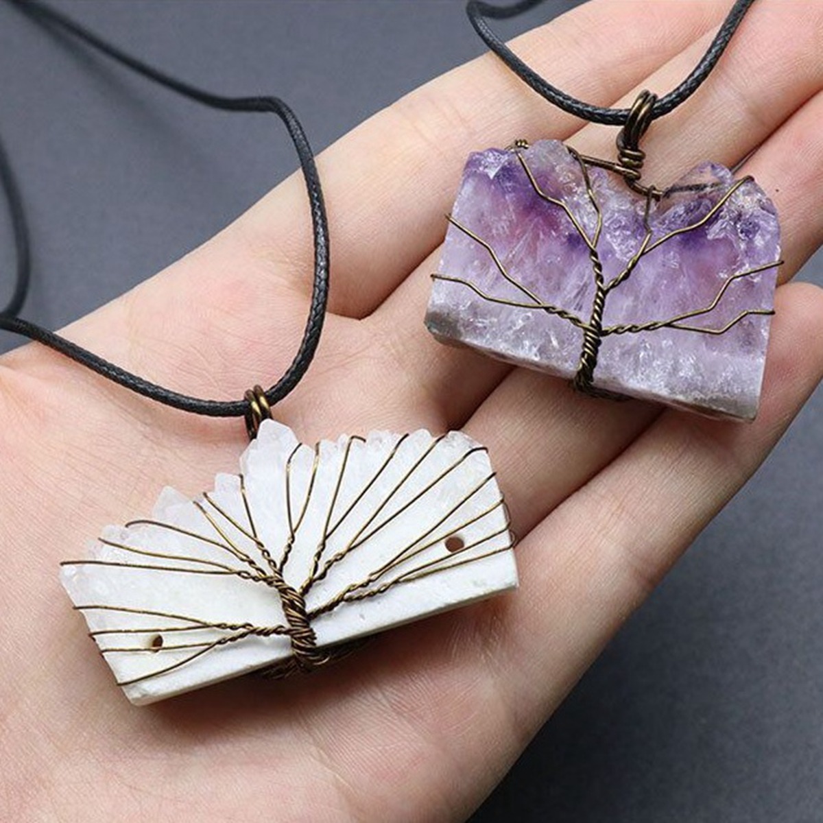 Drazy Crystal Slice Pendant Wrapped Brass Wire Life of Tree Necklace 45CM Black Cord
