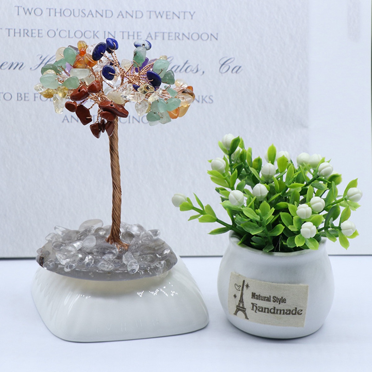 Raw Gemstone Tree Life Agate Base Copper Wire Spiritual Meditation Energy Room Office Desk Decor Gifts