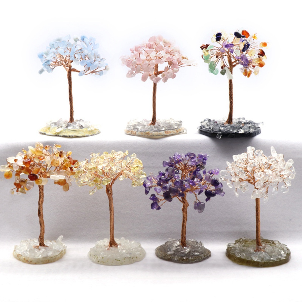 Raw Gemstone Tree Life Agate Base Copper Wire Spiritual Meditation Energy Room Office Desk Decor Gifts