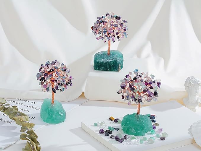 Raw Gemstone Reiki Healing Crystal Tree Life Base Copper Wire Spiritual Meditation Energy Room Office Desk Decor Gifts