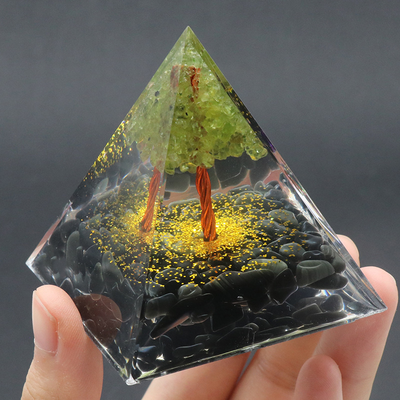 Raw Gemstone 60mm Orgone Pyramid  Peridot Tree for Yoga Reiki Meditaion Decor