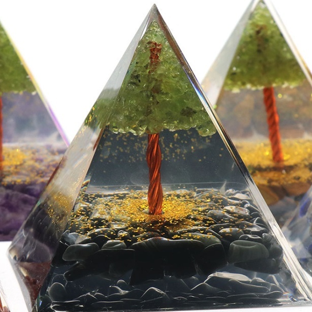 Raw Gemstone 60mm Orgone Pyramid  Peridot Tree for Yoga Reiki Meditaion Decor