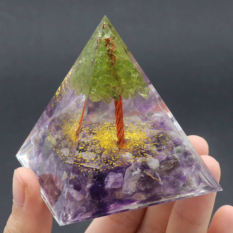 Raw Gemstone 60mm Orgone Pyramid  Peridot Tree for Yoga Reiki Meditaion Decor