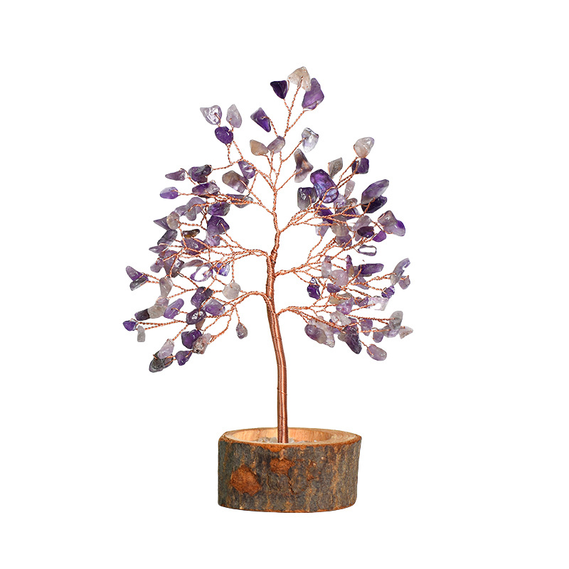 Raw Gemstone Copper Tree Crystal Wood Base Spiritual Meditation Energy Room Office Desk Decor Gifts